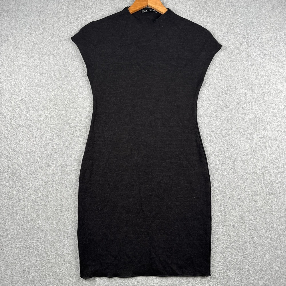 Zara Dress Womens Medium Bodycon Black Mock Neck Cap Sleeve Knit Stretch